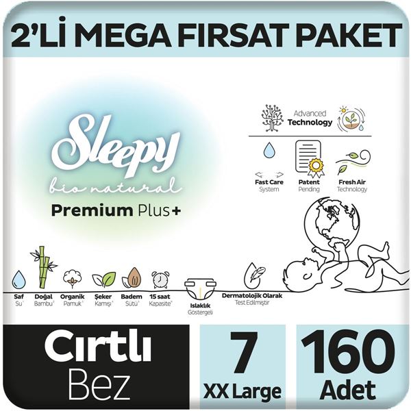 Sleepy Bio Natural Premium Plus 2'li Mega Fırsat Paketi Bebek Bezi 7 Numara Xxlarge 160 Adet