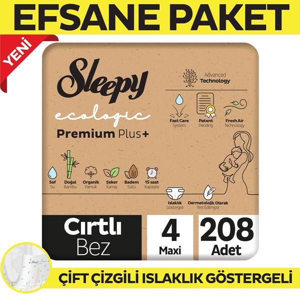 Sleepy Ecologic Premium Plus Efsane Paket Bebek Bezi 4 Numara Maxi 208 Adet