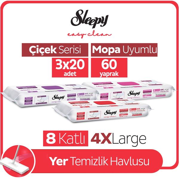 Sleepy Easy Clean Lilyum+Kiraz Ç+Orkide Mopa Uyumlu Yer Temizlik Havlusu&Mendili 3x20 (60 Yaprak)