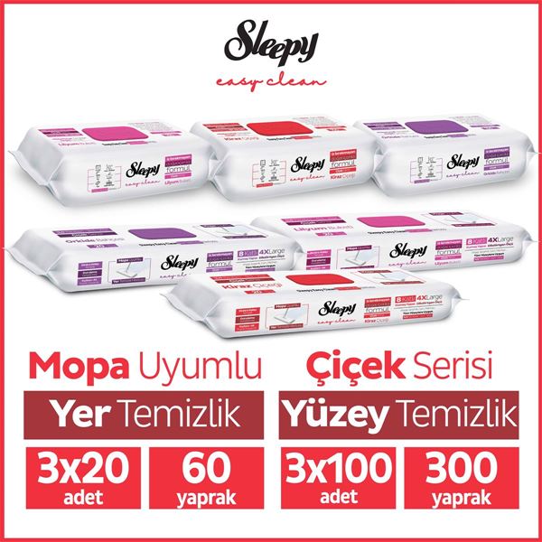 Sleepy Easy Clean Çiçek Serisi 3x100 Yüzey & 3x20 Yer Temizlik Havlusu&Mendili Karma Paket