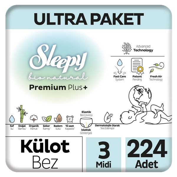 Sleepy Bio Natural Premium Plus Ultra Paket Külot Bez 3 Numara Midi 224 Adet