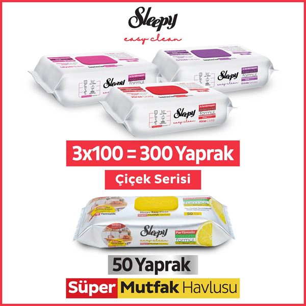 Sleepy Easy Clean Çiçek Serisi&Limon Yağlı Süper Mutfak Yüzey Temizlik Havlusu&Mendili(3x100+50)