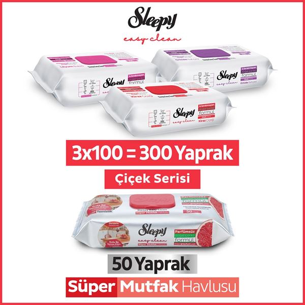 Sleepy Easy Clean Çiçek Serisi&Greyfurt Yağlı Süper Mutfak Yüzey Temizlik Havlusu&Mendili(3x100+50)