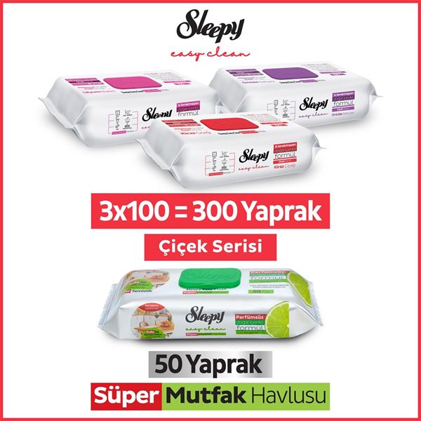 Sleepy Easy Clean Çiçek Serisi&Bergamot Yağlı Süper Mutfak Yüzey Temizlik Havlusu&Mendili(3x100+50)