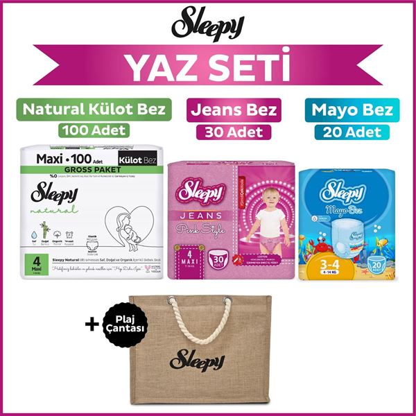 Sleepy 4 Numara Maxi Natural Gross 100+Mayo Bez 20+Pink Jeans Külot Bez 30+Plaj Çantası