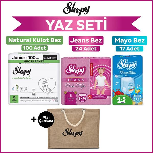 Sleepy 5 Numara Junior Natural Gross 100+Mayo Bez 17+Pink Jeans Külot Bez 24+Plaj Çantası