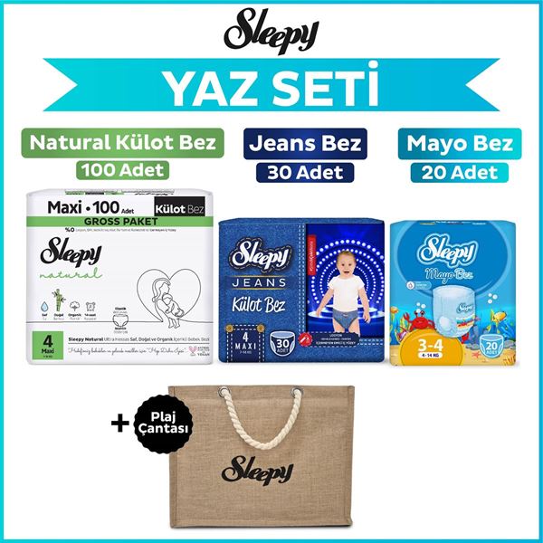 Sleepy 4 Numara Maxi Natural Gross 100+Mayo Bez 20+Jeans Külot Bez 30+Plaj Çantası