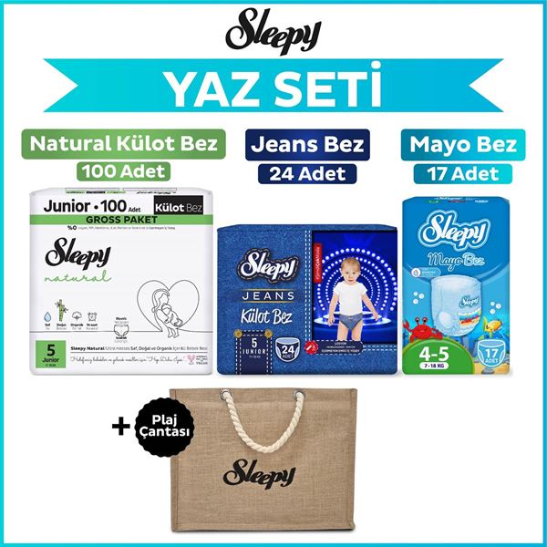 Sleepy 5 Numara Junior Natural Gross 100+Mayo Bez 17+Jeans Külot Bez 24+Plaj Çantası