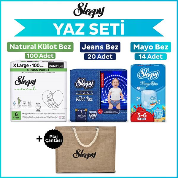 Sleepy 6 Numara Xlarge Natural Gross 100+Mayo Bez 14+Jeans Külot Bez 20+Plaj Çantası