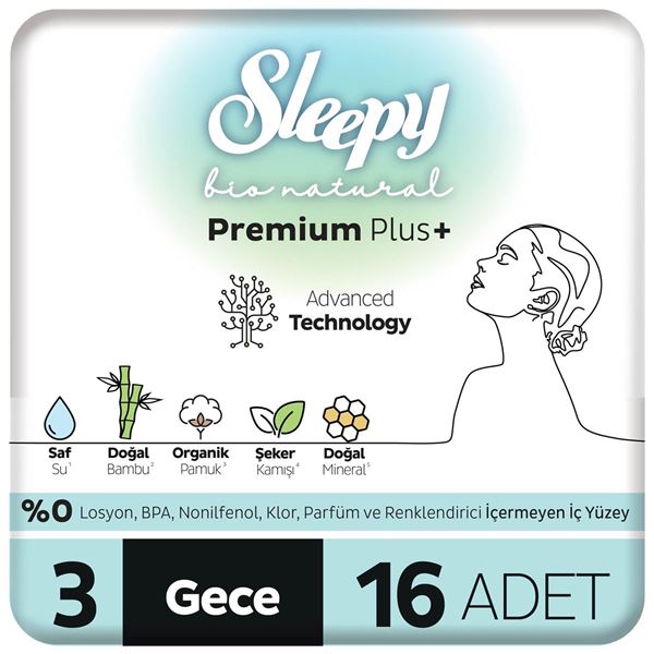 Sleepy Bio Natural Premium Plus Hijyenik Ped Gece 16 Adet