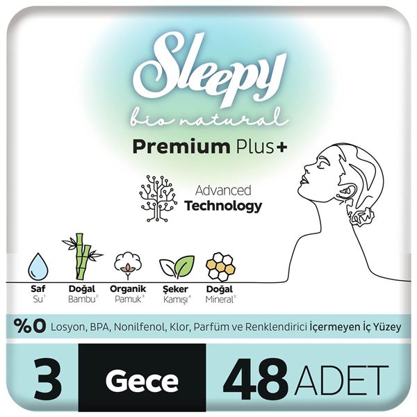 Sleepy Bio Natural Premium Plus Hijyenik Ped Süper Avantaj Paketi Gece 48 Adet