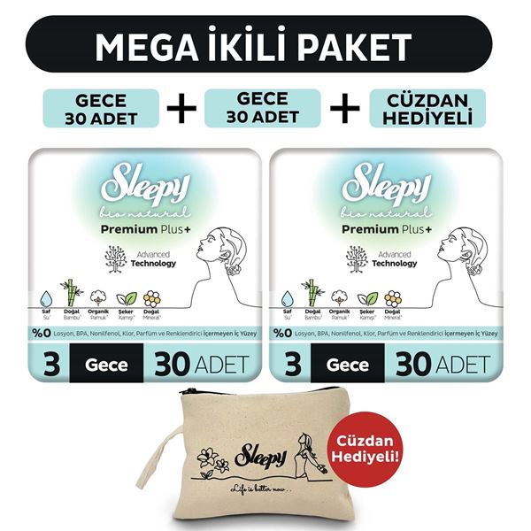 Sleepy Bio Natural Premium Plus Hijyenik Ped Mega Paket Gece 30x2 (60 Adet) + Cüzdan Hediyeli