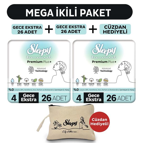Sleepy Bio Natural Premium Plus Hijyenik Ped Mega Paket Gece Extra 26x2 (52 Adet) + Cüzdan Hediyeli 