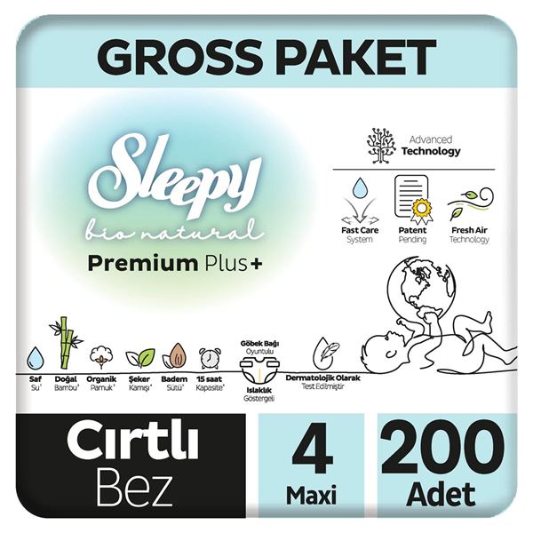 Sleepy Bio Natural Premium Plus Gross Paket Bebek Bezi 4 Numara Maxi 200 Adet