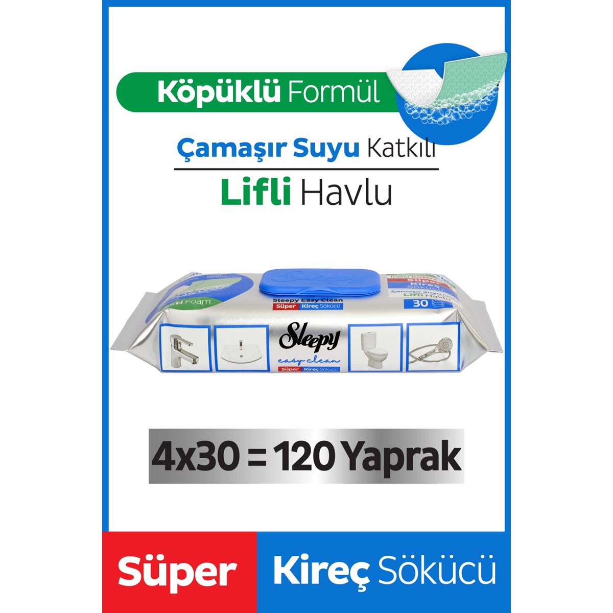 Sleepy Easy Clean Süper Kireç Sökücü Yüzey Temizlik Havlusu&Mendili 4x30 (120 Yaprak)