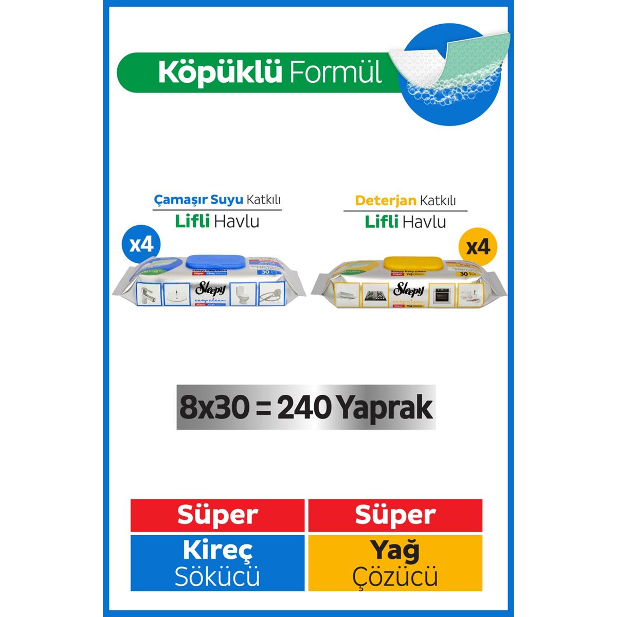 Sleepy Easy Clean Süper Yağ Çözücü&Kireç Sökücü Yüzey Temizlik Havlusu&Mendili 8x30 (240 Yaprak)