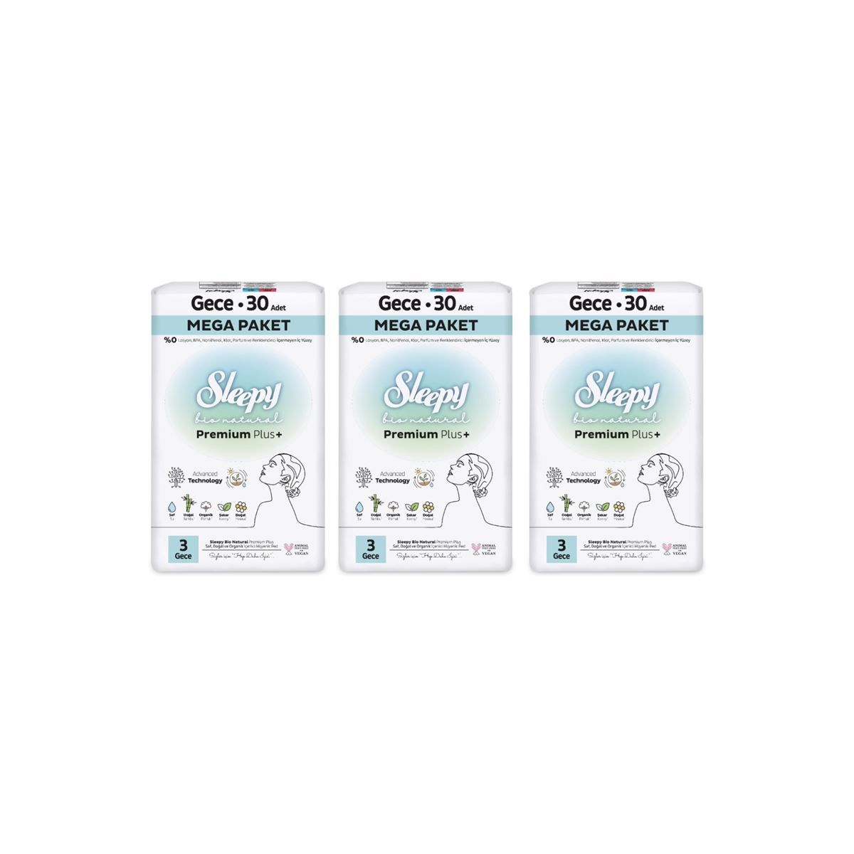 Sleepy Bio Natural Premium Plus Hijyenik Ped Mega Paket Gece 30x3 (90 Adet)