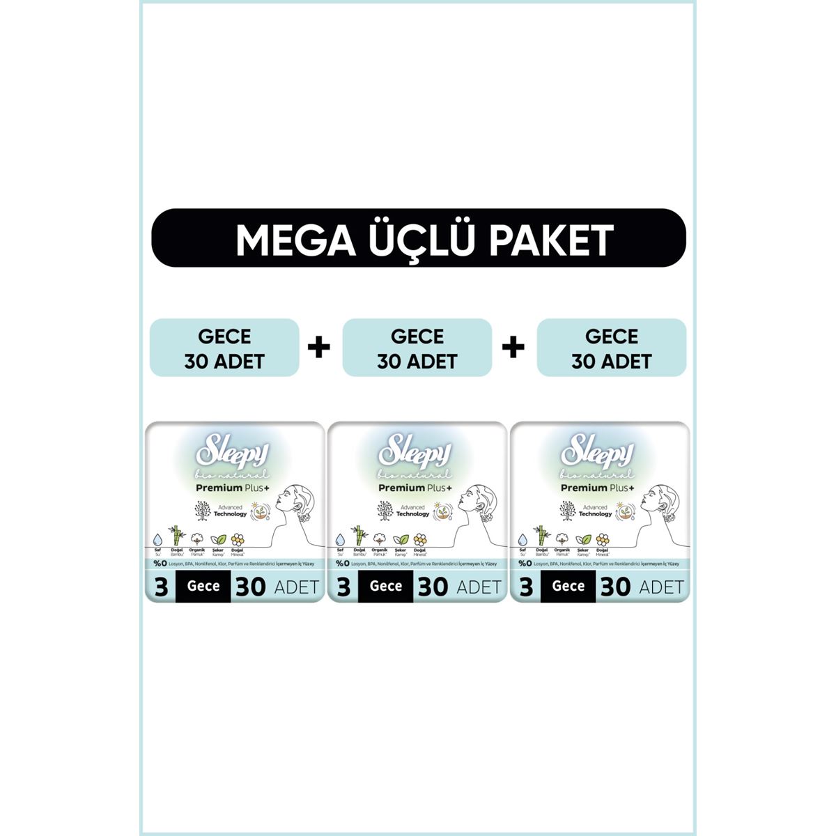 Sleepy Bio Natural Premium Plus Hijyenik Ped Mega Paket Gece 30x3 (90 Adet)