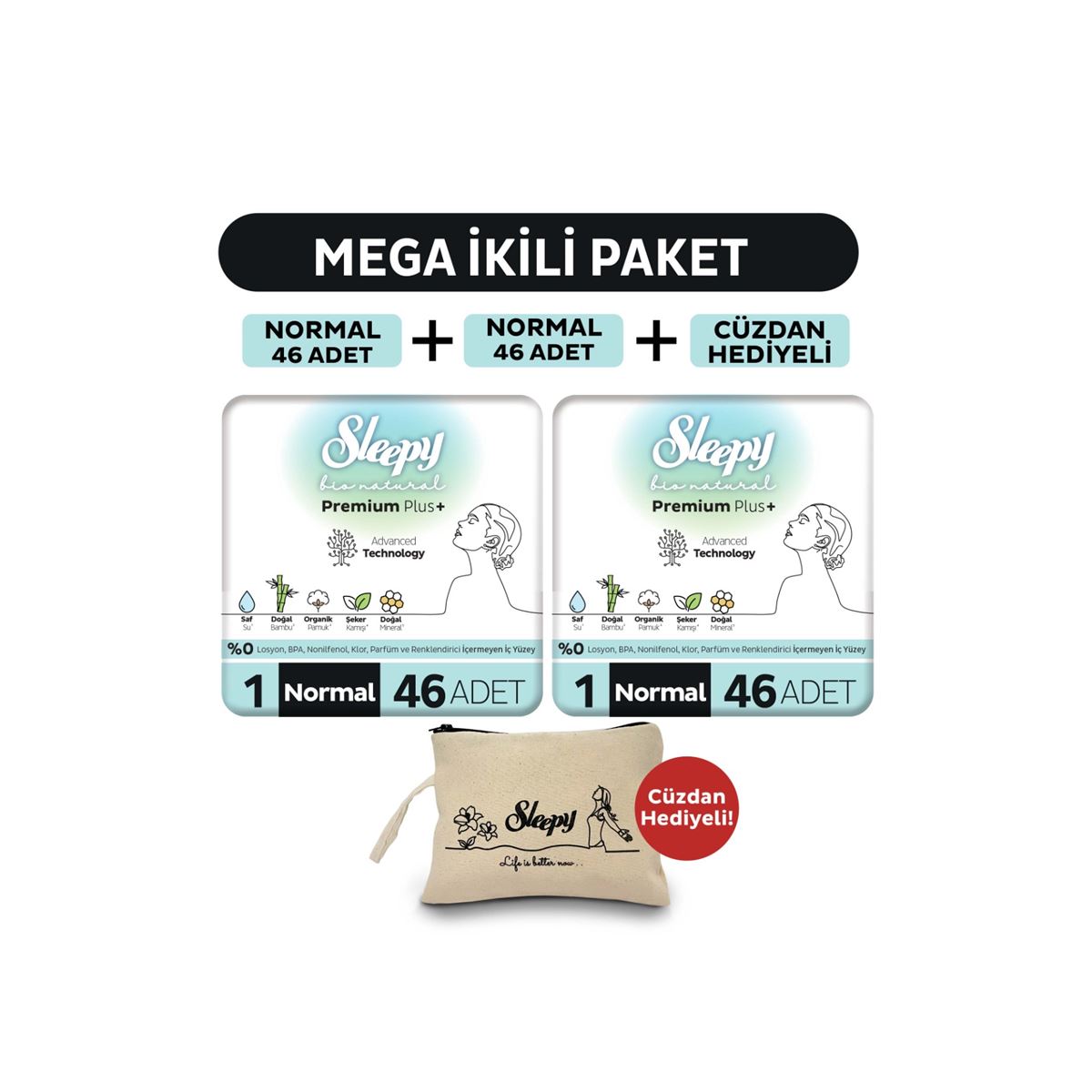 Sleepy Bio Natural Premium Plus Hijyenik Ped Mega Paket Normal 46x2 (92 Adet) + Cüzdan Hediyeli