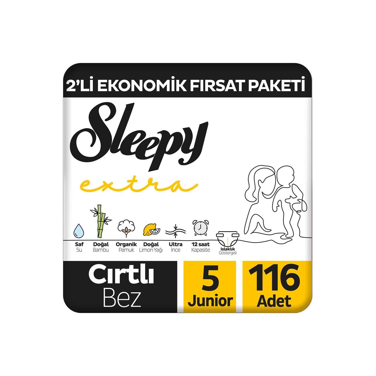 Sleepy Extra Günlük Aktivite 2'li Ekonomik Fırsat Paketi Bebek Bezi 5 Numara Junior 116 Adet
