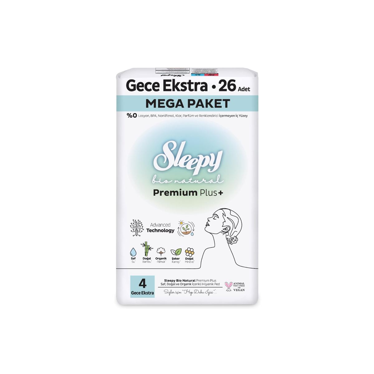 Sleepy Bio Natural Premium Plus Hijyenik Ped Mega Paket Gece Extra 26 Adet