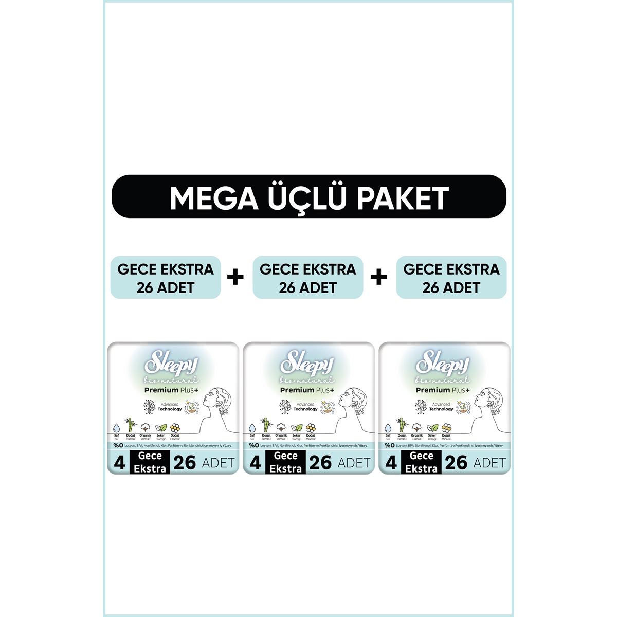 Sleepy Bio Natural Premium Plus Hijyenik Ped Mega Paket Gece Extra 26x3 (78 Adet)
