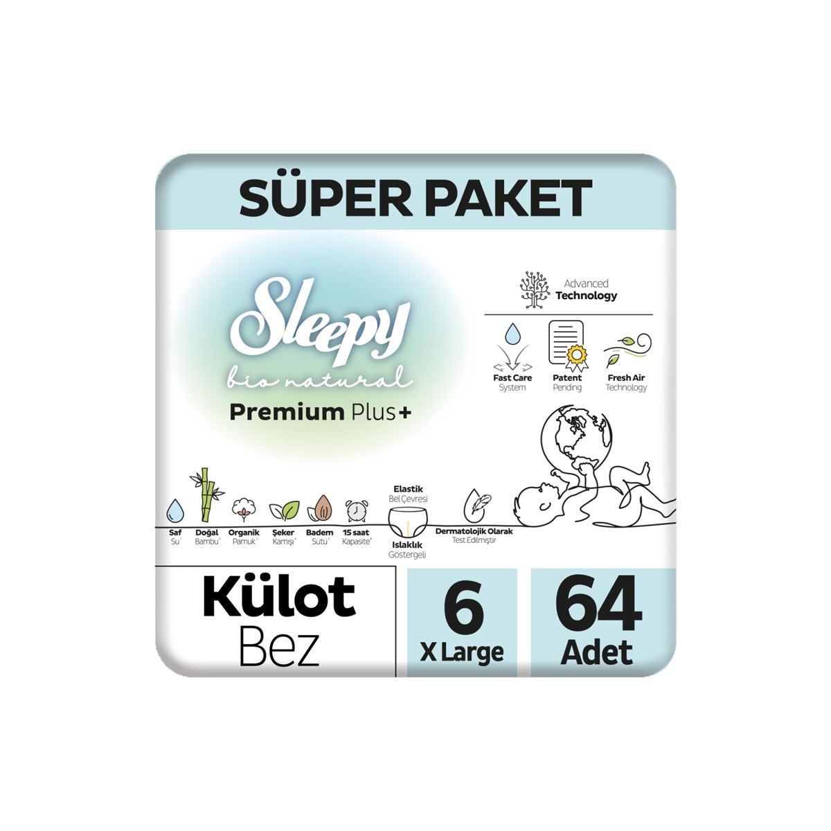 Sleepy Bio Natural Premium Plus Süper Paket Külot Bez 6 Numara Xlarge 64 Adet