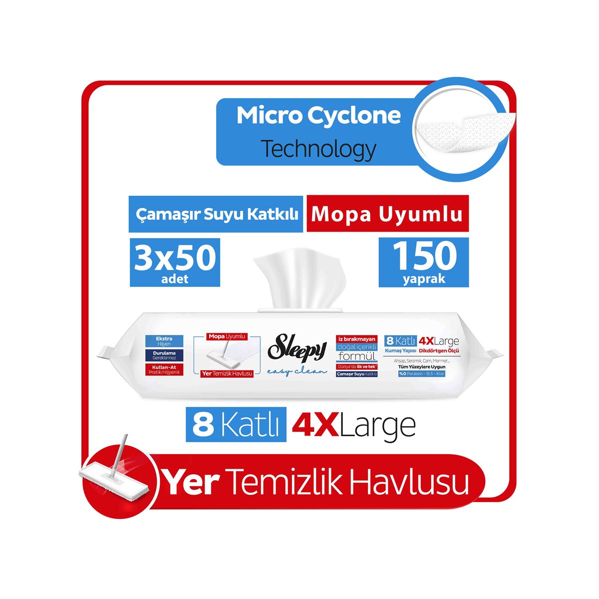 Sleepy Easy Clean Çamaşır Suyu Katkılı Mopa Uyumlu Yer Temizlik Havlusu&Mendili 3x50 (150 Yaprak)