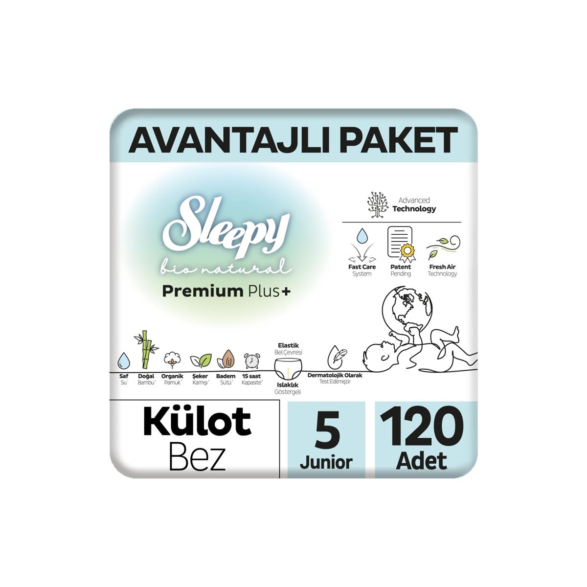 Sleepy Bio Natural Premium Plus Avantajlı Paket Külot Bez 5 Numara Junior 120 Adet