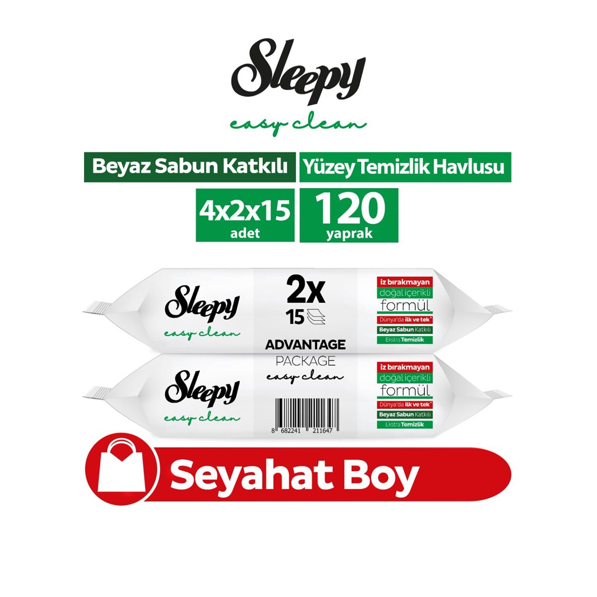 Sleepy Easy Clean Yüzey Temizlik Havlusu&Mendili Seyahat Boy 8x15 (120 Yaprak)