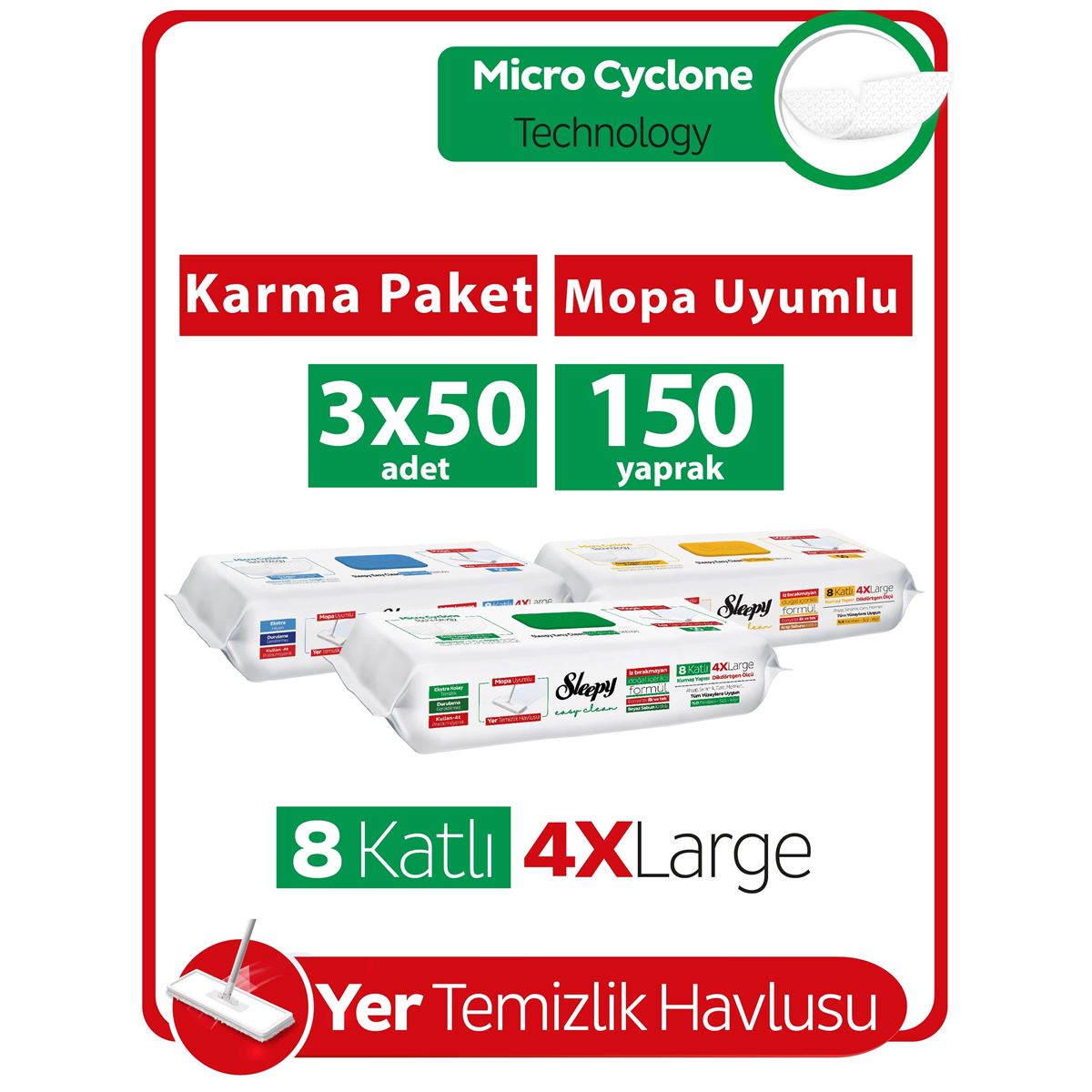 Sleepy Easy Clean Mopa Uyumlu Yer Temizlik Havlusu&Mendili Karma Paket 3x50 (150 Yaprak)