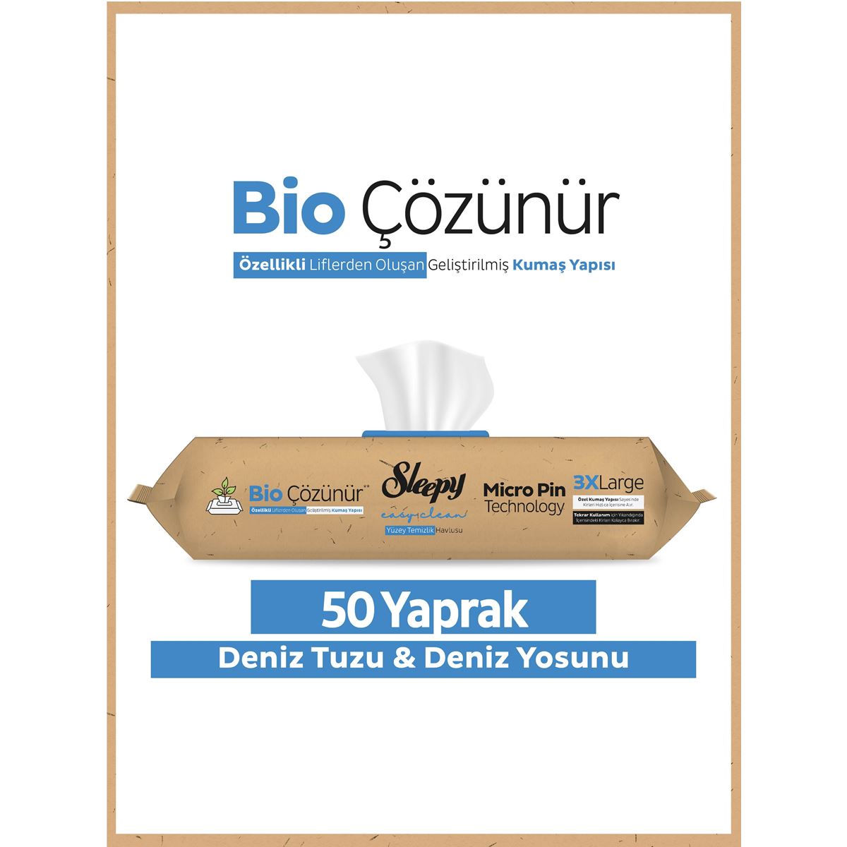 Sleepy Bio Çözünür Yüzey Temizlik Havlusu&Mendili Deniz Tuzu&Yosun 50 Yaprak