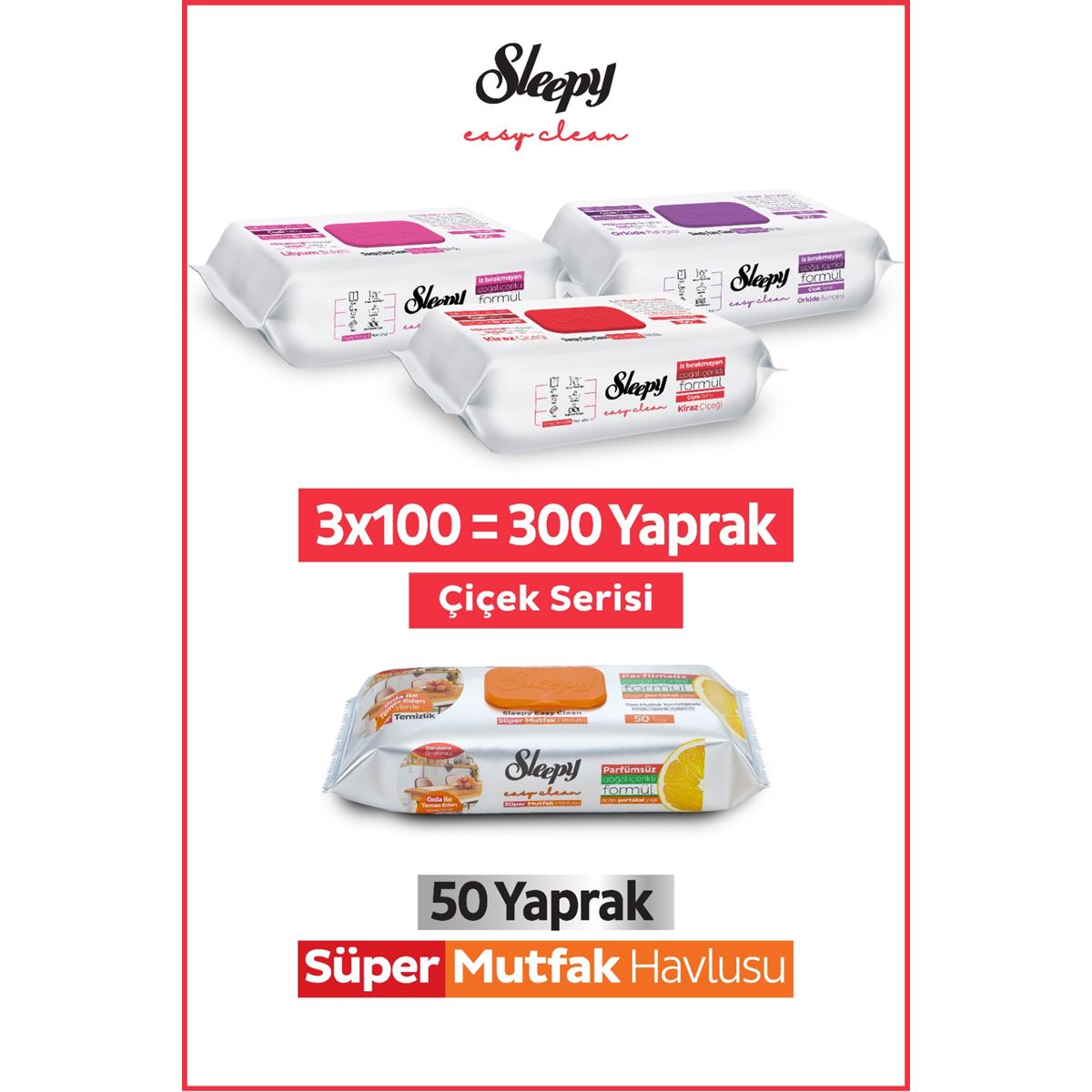 Sleepy Easy Clean Çiçek Serisi&Portakal Yağlı Süper Mutfak Yüzey Temizlik Havlusu&Mendili(3x100+50)