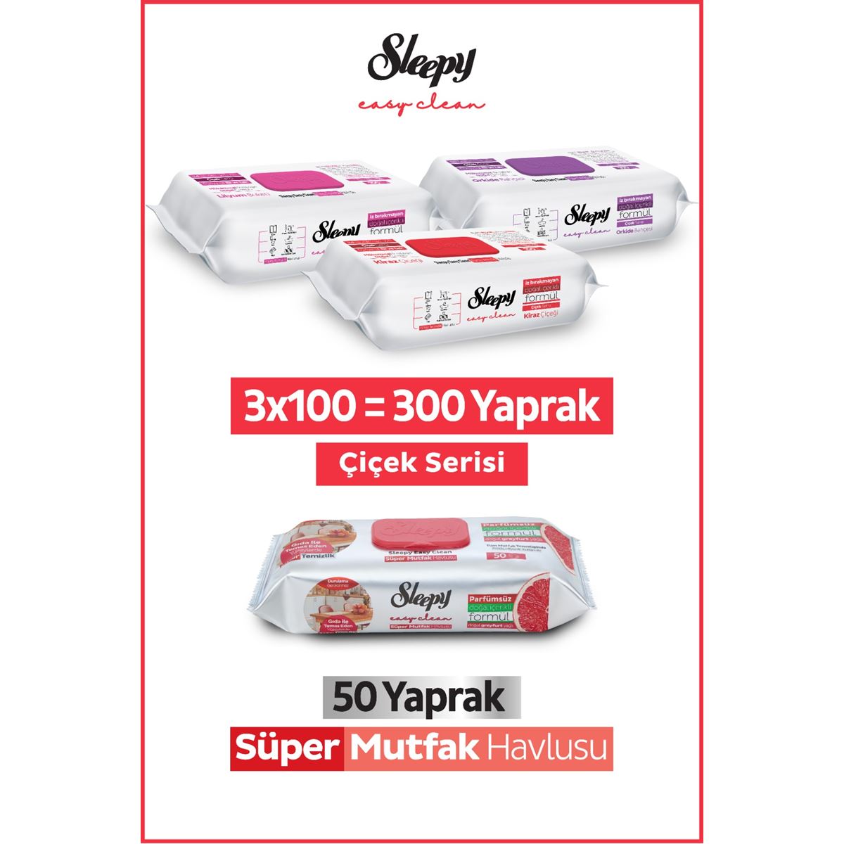 Sleepy Easy Clean Çiçek Serisi&Greyfurt Yağlı Süper Mutfak Yüzey Temizlik Havlusu&Mendili(3x100+50)