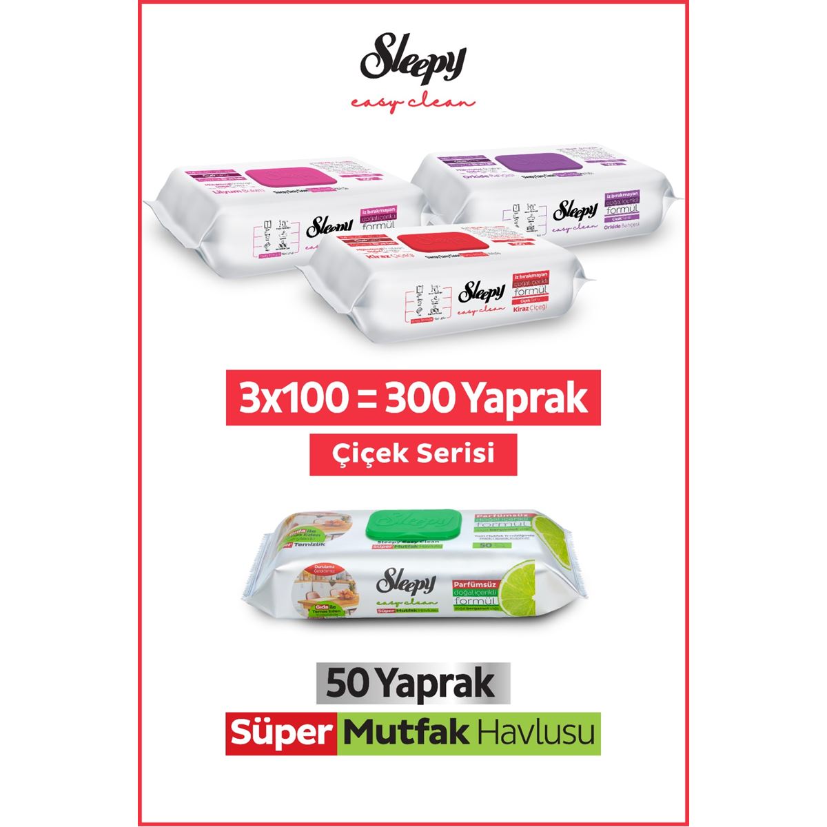 Sleepy Easy Clean Çiçek Serisi&Bergamot Yağlı Süper Mutfak Yüzey Temizlik Havlusu&Mendili(3x100+50)