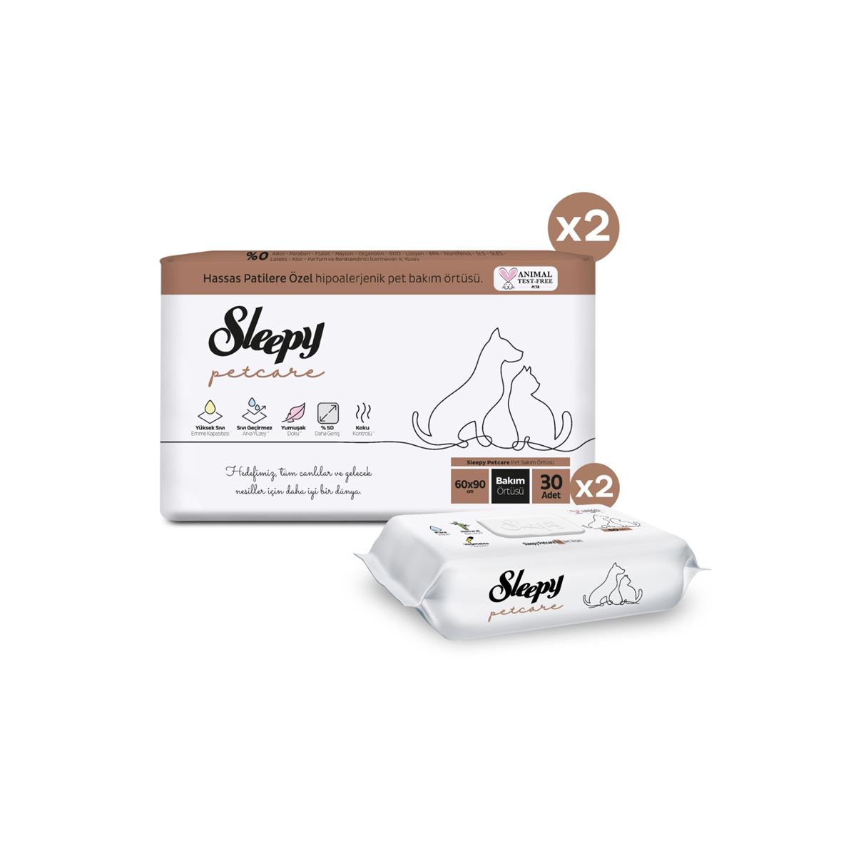 Sleepy Petcare Pet Bakım Örtüsü 60x90 cm 2X30 (60 Adet) + 2X60 Evcil Hayvan Islak Havlusu