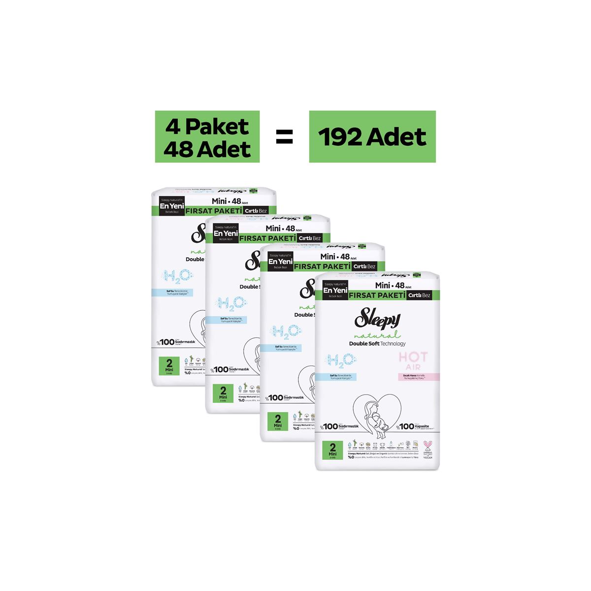 Sleepy Natural Double Soft Fırsat Paketi Bebek Bezi 2 Numara Mini 192 Adet