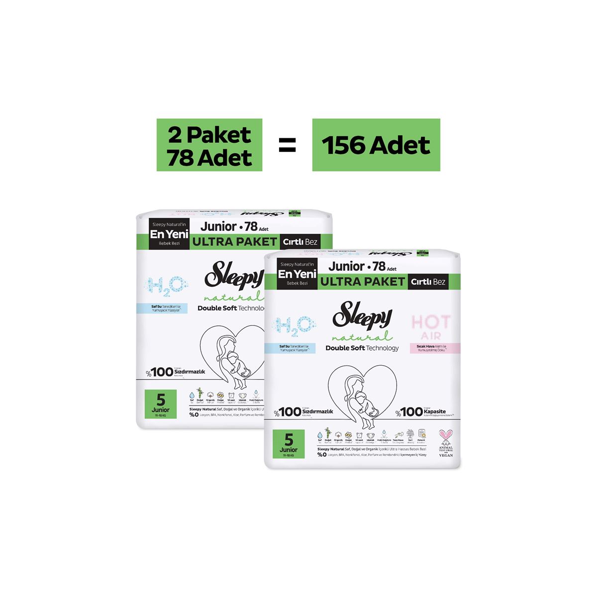 Sleepy Natural Double Soft Ultra Paket Bebek Bezi 5 Numara Junior 156 Adet