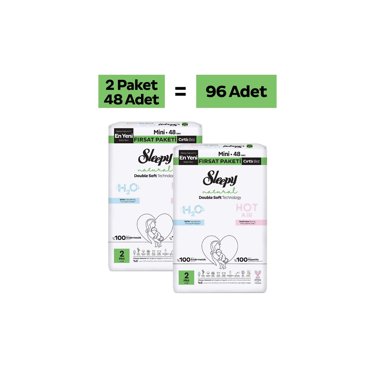 Sleepy Natural Double Soft Fırsat Paketi Bebek Bezi 2 Numara Mini 96 Adet