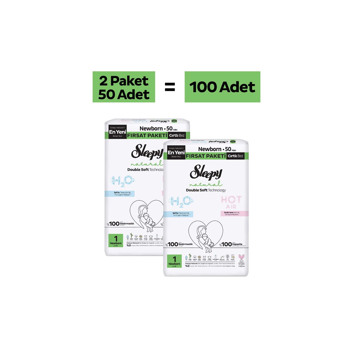 Sleepy Natural Double Soft Fırsat Paketi Bebek Bezi 1 Numara Newborn 100 Adet
