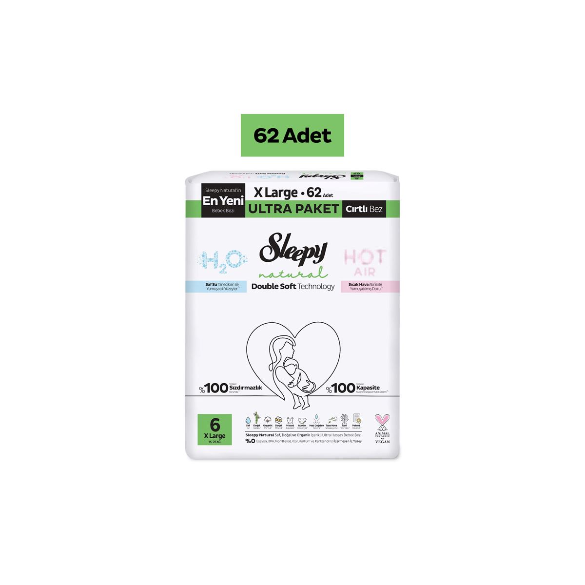 Sleepy Natural Double Soft Ultra Paket Bebek Bezi 6 Numara Xlarge 62 Adet