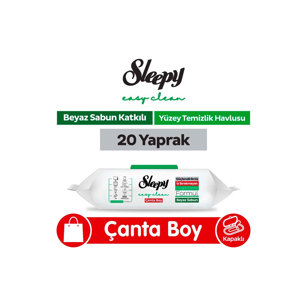 Sleepy Easy Clean Beyaz Sabun Katkılı Yüzey Temizlik Havlusu Çanta Boy 20 Yaprak
