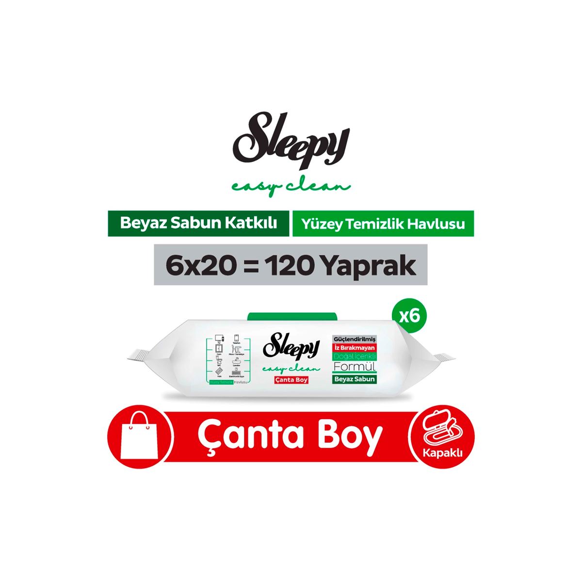 Sleepy Easy Clean Beyaz Sabun Katkılı Yüzey Temizlik Havlusu Çanta Boy  6x20 (120 Yaprak)