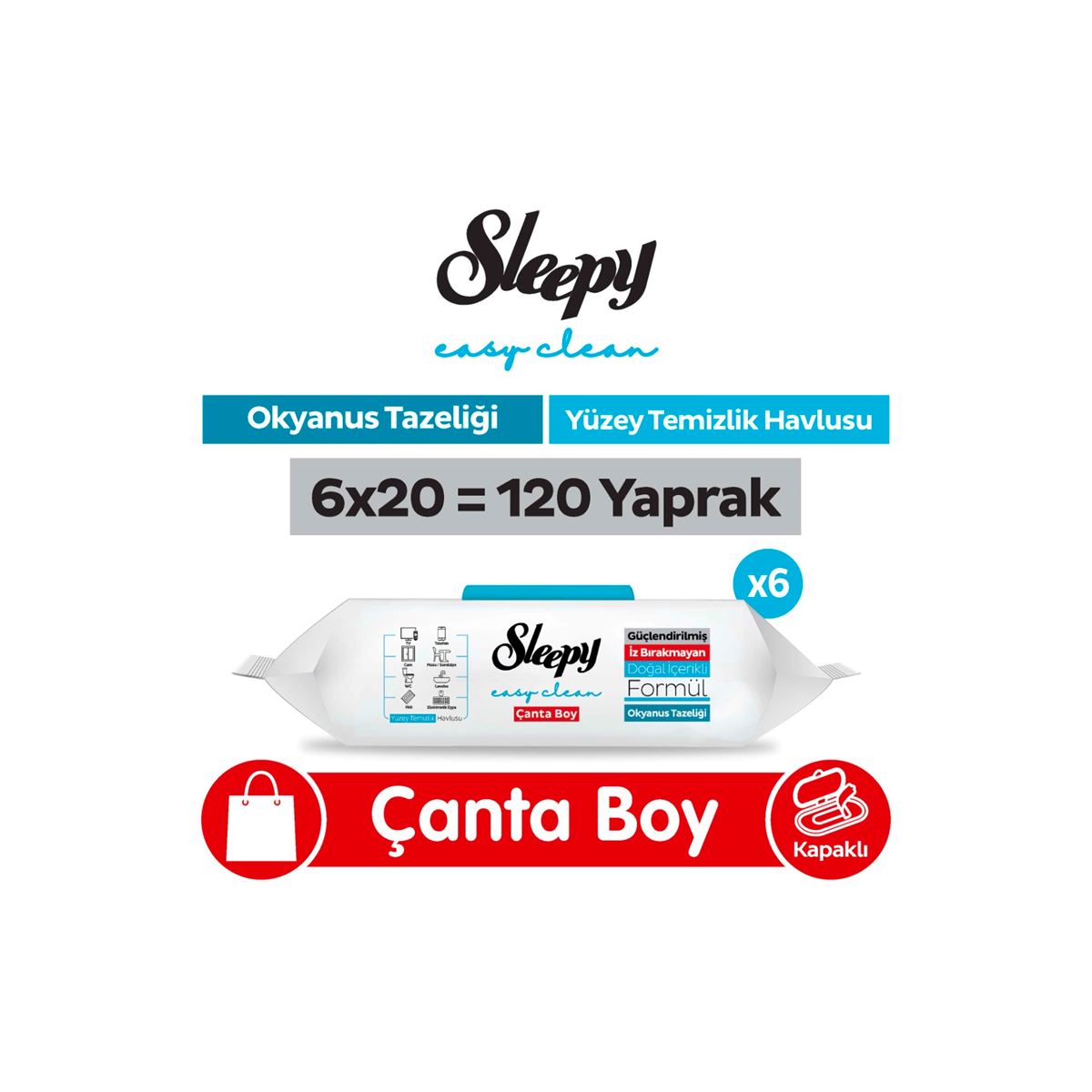Sleepy Easy Clean Okyanus Tazeliği Yüzey Temizlik Havlusu Çanta Boy 6x20 (120 Yaprak)