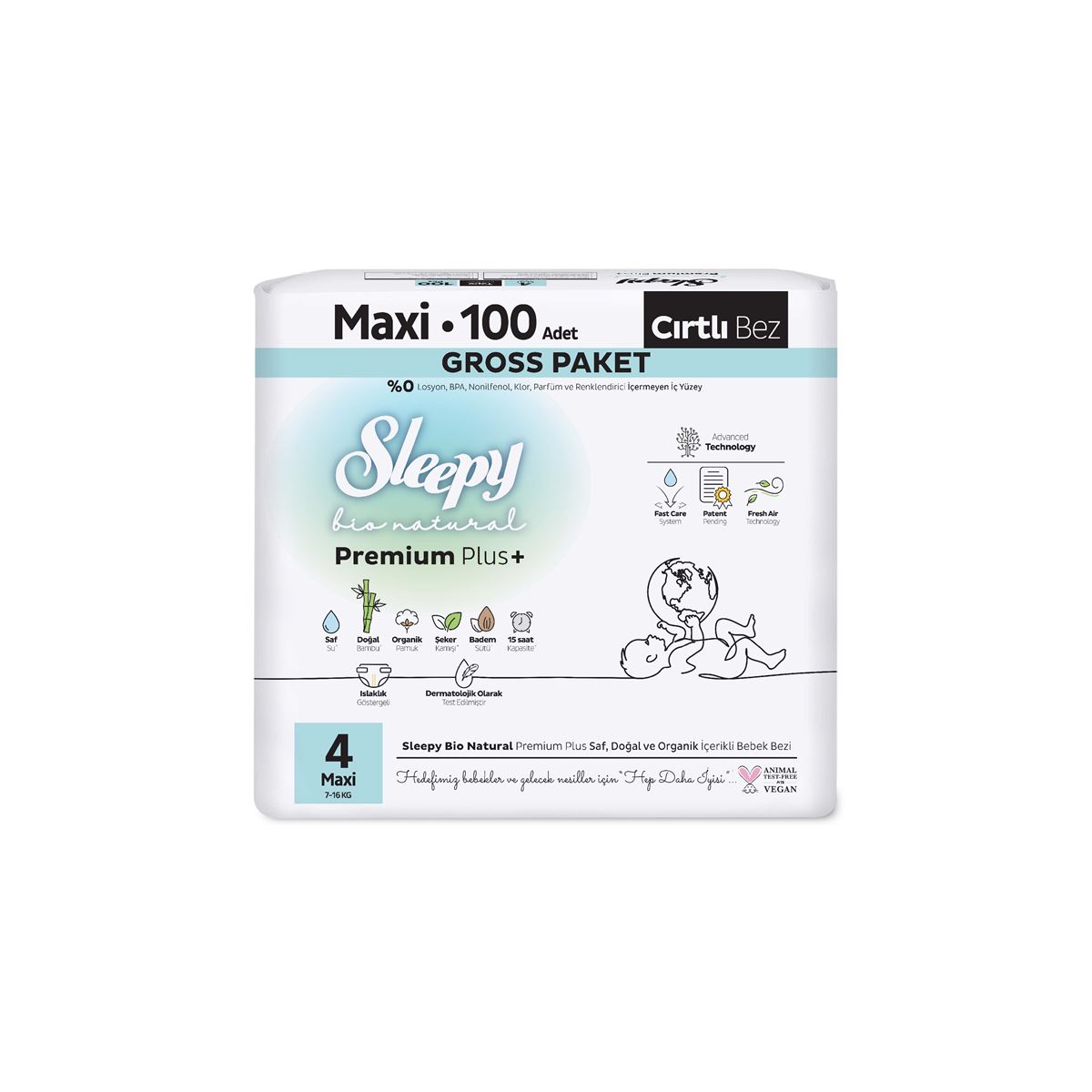 Sleepy Bio Natural Premium Plus Gross Paket Bebek Bezi 4 Numara Maxi 100 Adet