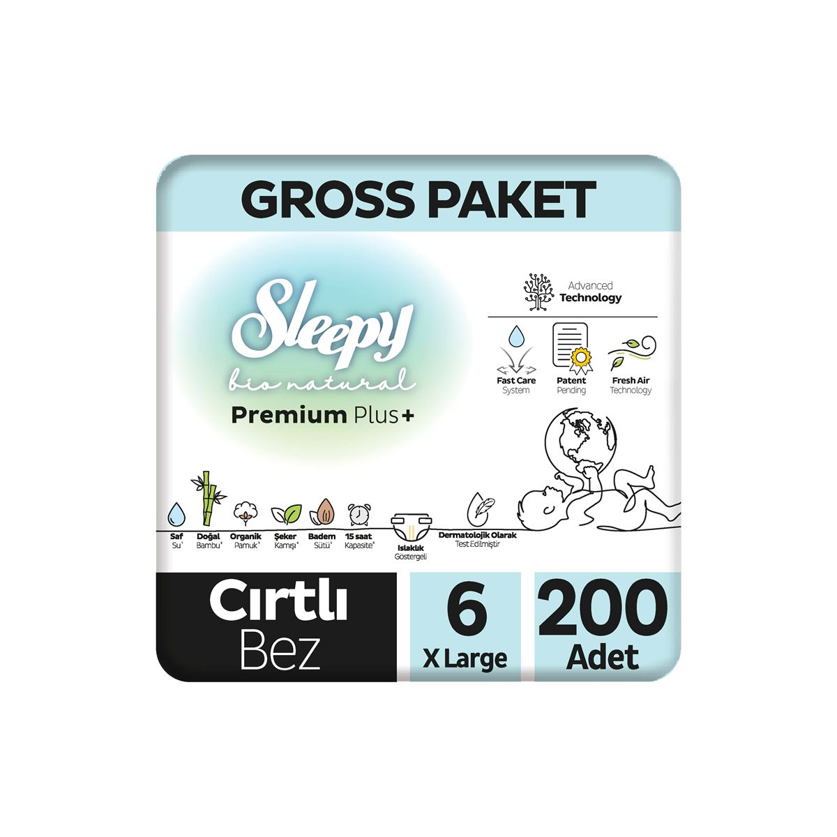 Sleepy Bio Natural Premium Plus Gross Paket Bebek Bezi 6 Numara Xlarge 200 Adet