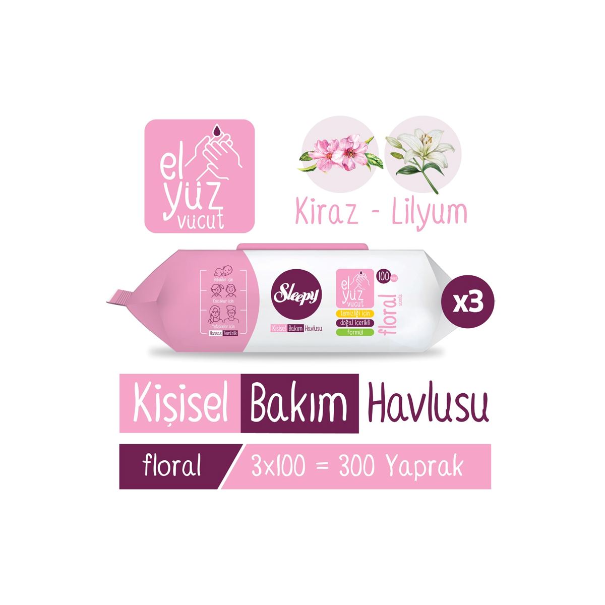 Sleepy Floral Kişisel Bakım Havlusu 3x100 (300 Yaprak)
