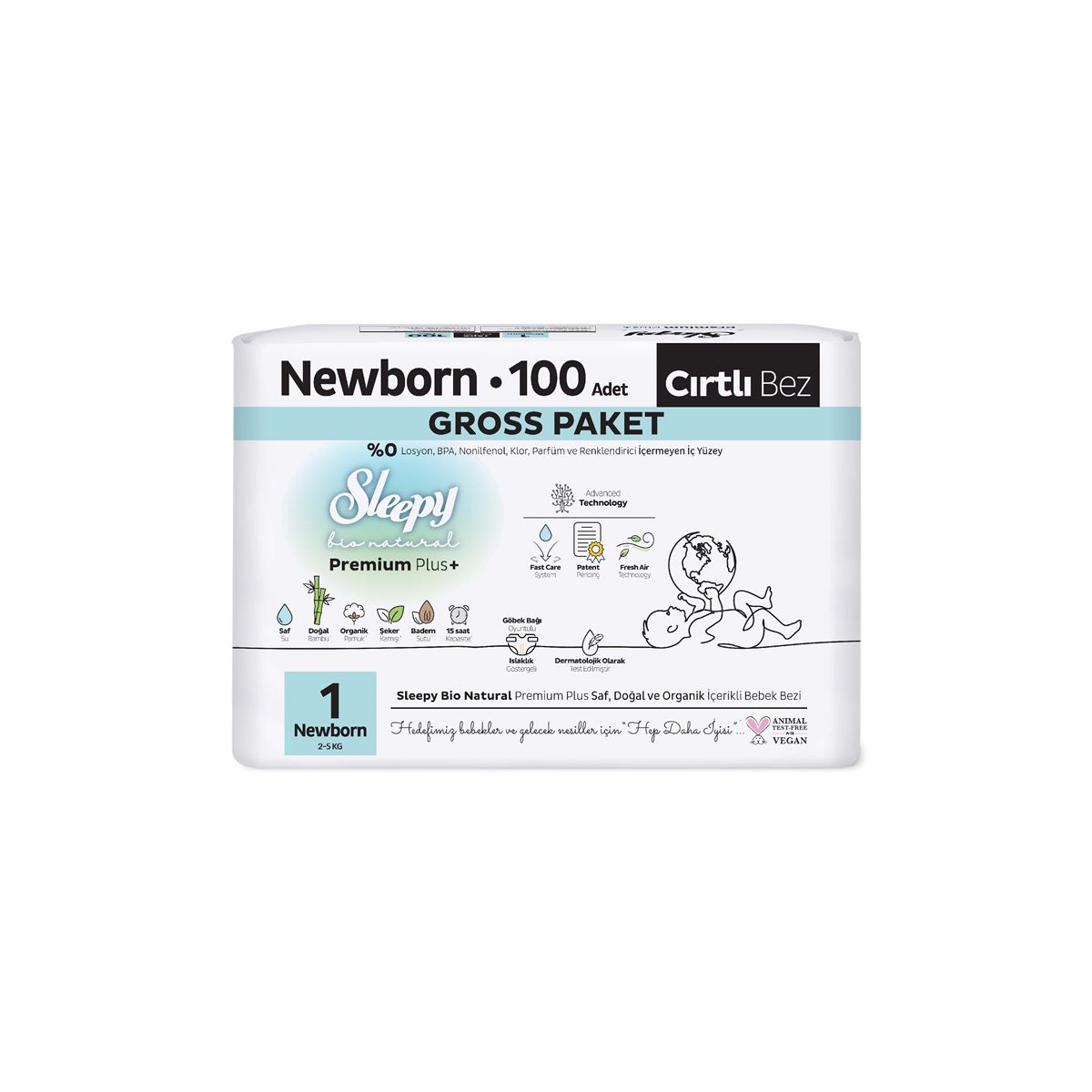Sleepy Bio Natural Premium Plus Gross Paket Bebek Bezi 1 Numara Newborn 100 Adet