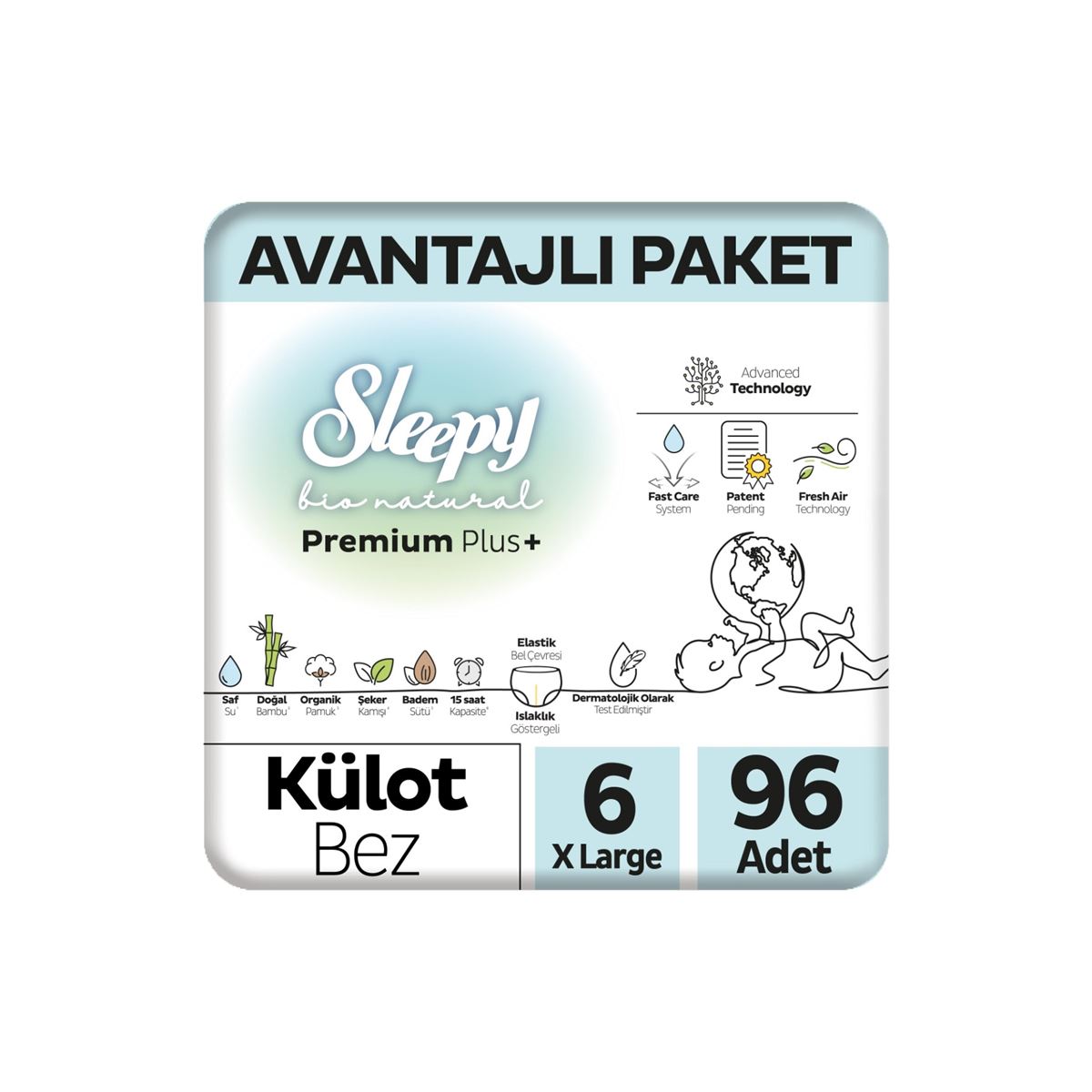 Sleepy Bio Natural Premium Plus Avantajlı Paket Külot Bez 6 Numara Xlarge 96 Adet