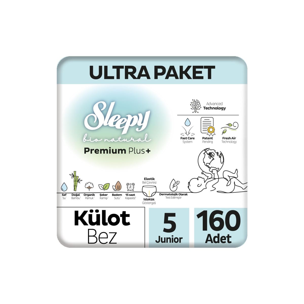 Sleepy Bio Natural Premium Plus Ultra Paket Külot Bez 5 Numara Junior 160 Adet